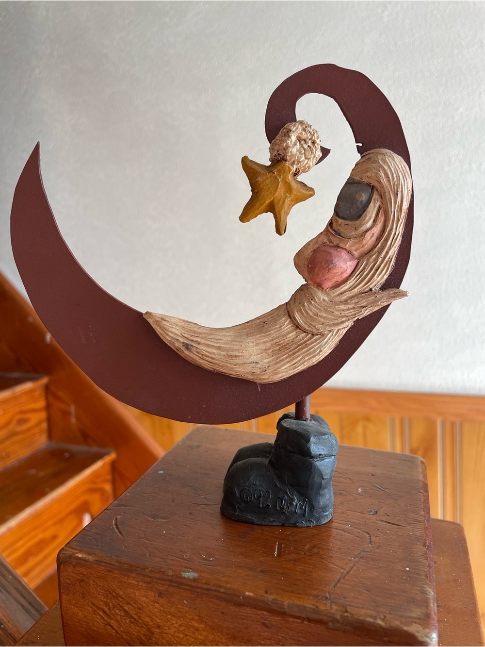 Vintage 90s Christmas Handcrafted Santa Moon   Holiday Home Decoration unique